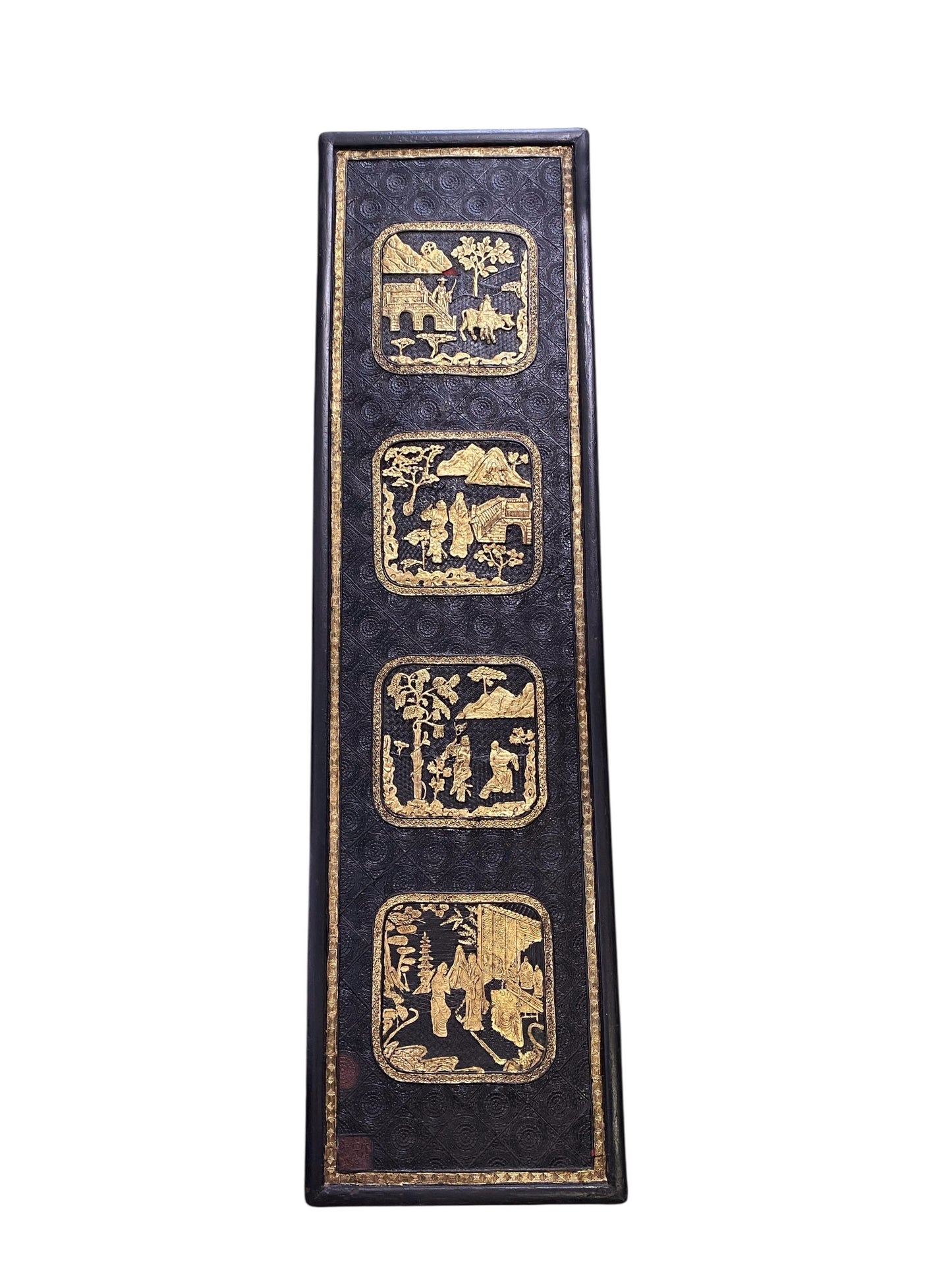 #6854 Antique 19th century Black and Gold Cinnabar Wall Hanging Panel 60" H