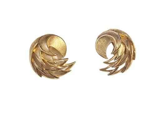 #7146  Vintage Signed Crown Trifari  "Feather" Clip Earrings