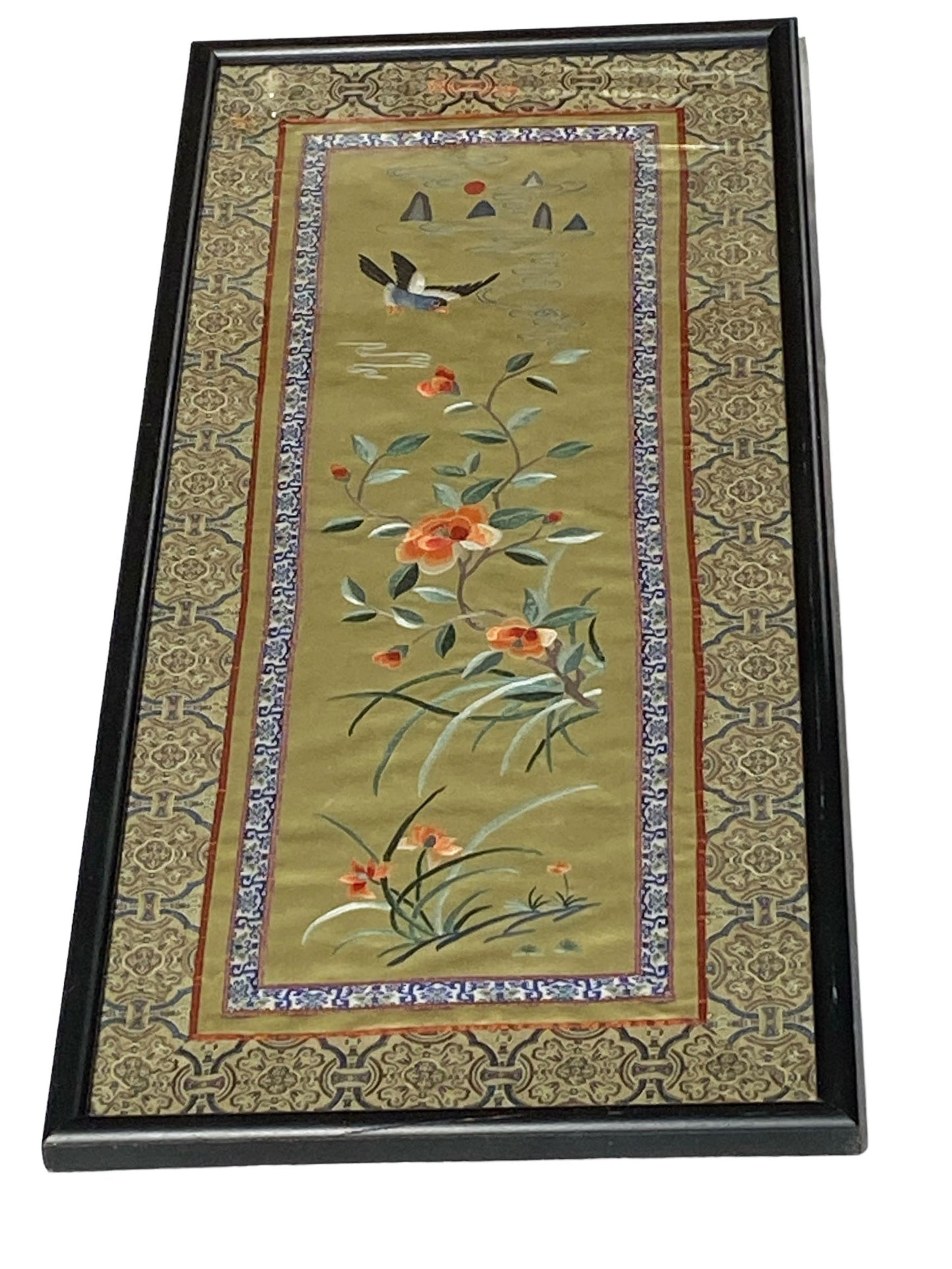 #6036 Chinese Silk Embroidery Panel 19th Century Framed 24" H