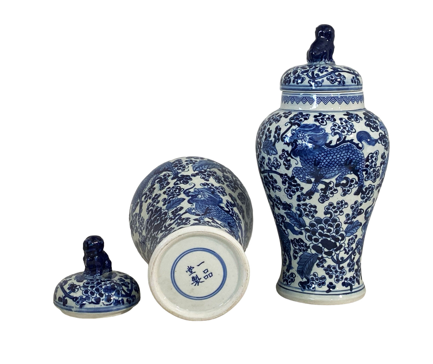#7257 Chinoiserie Blue and White Porcelain Covered Jars w/ foo Dogs 12.5" H