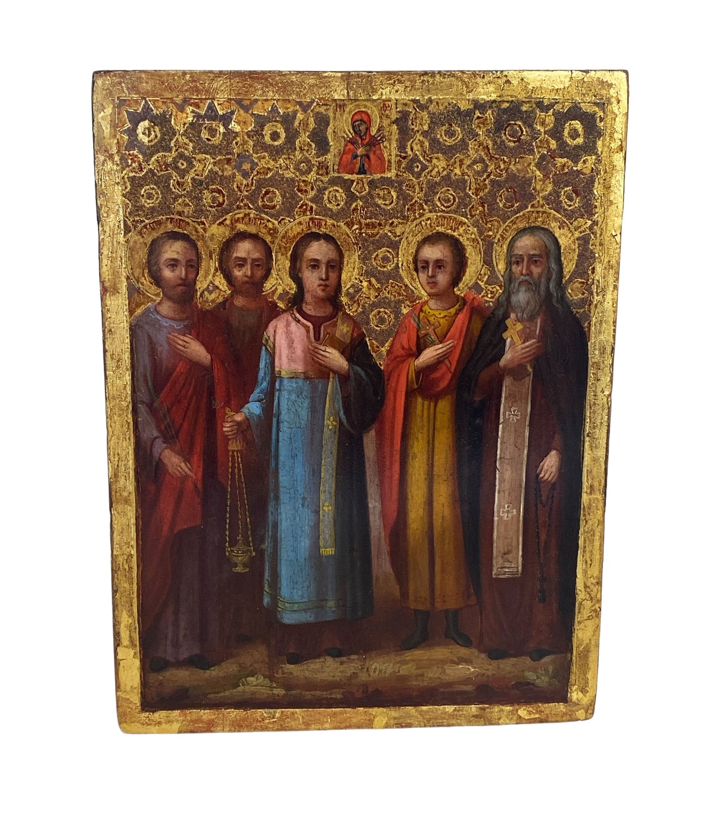 #6131 Antique Russian Icon Of Five Saints and the mother of God 9" H