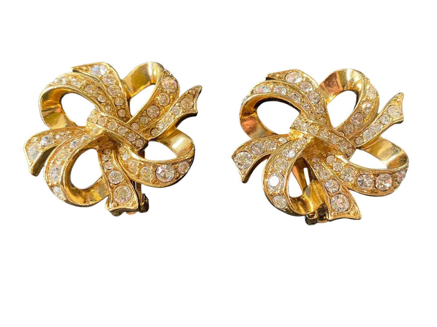 #6205 Vintage KJL Kenneth J Lane for Avon Earrings CLIP Bow Ribbon Crystal Gold Tone