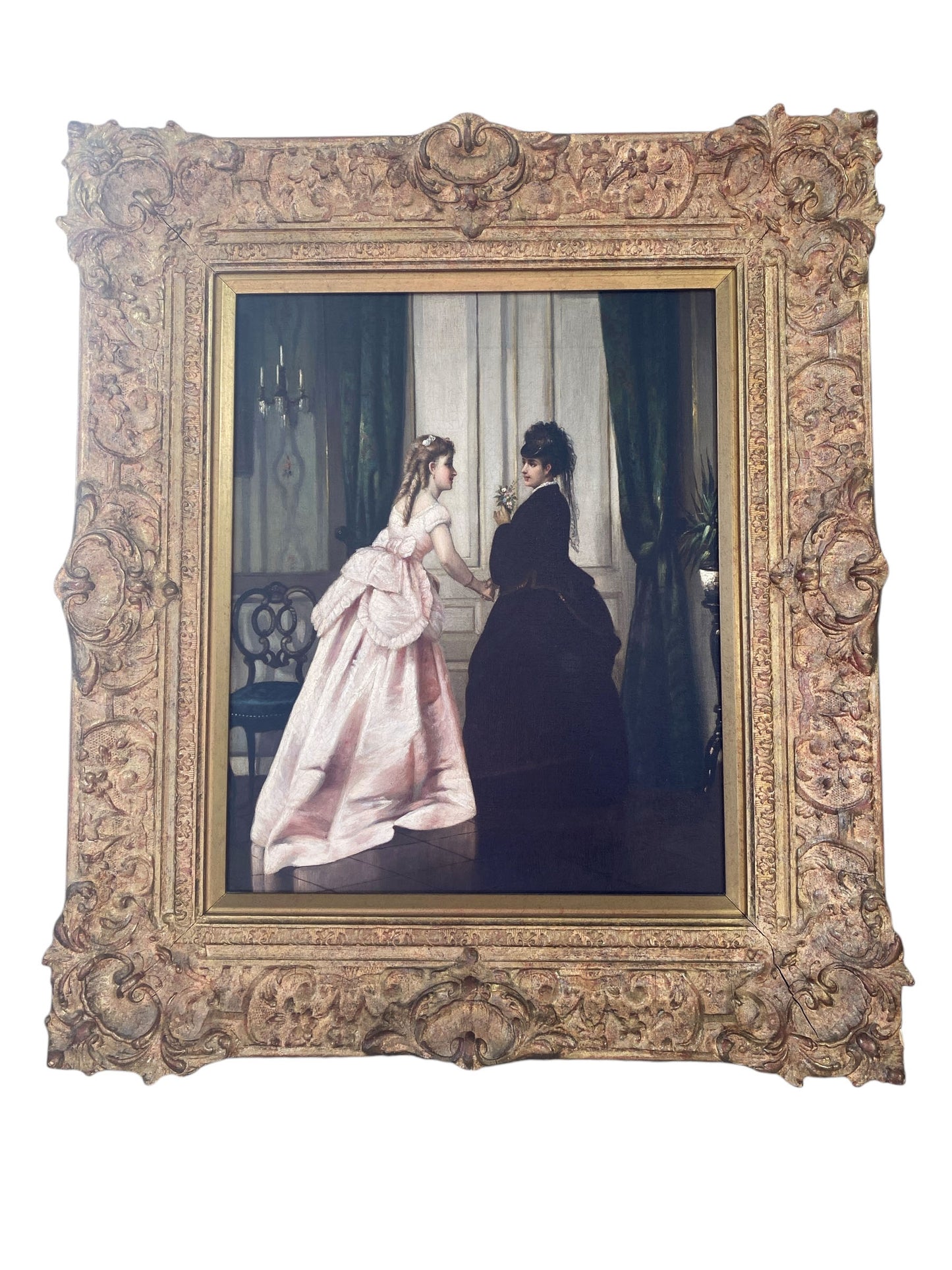 #6220 Antique French Oil on Canvas Painting Framed 21.5" H