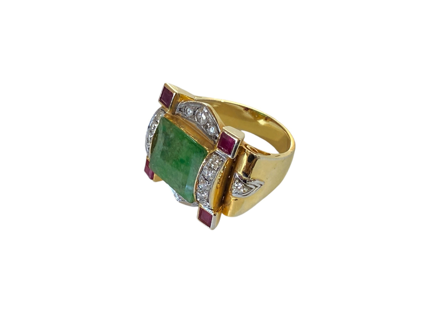 #6281 Art Deco 22K Gold ring w/jade /ruby/Diamond size 7