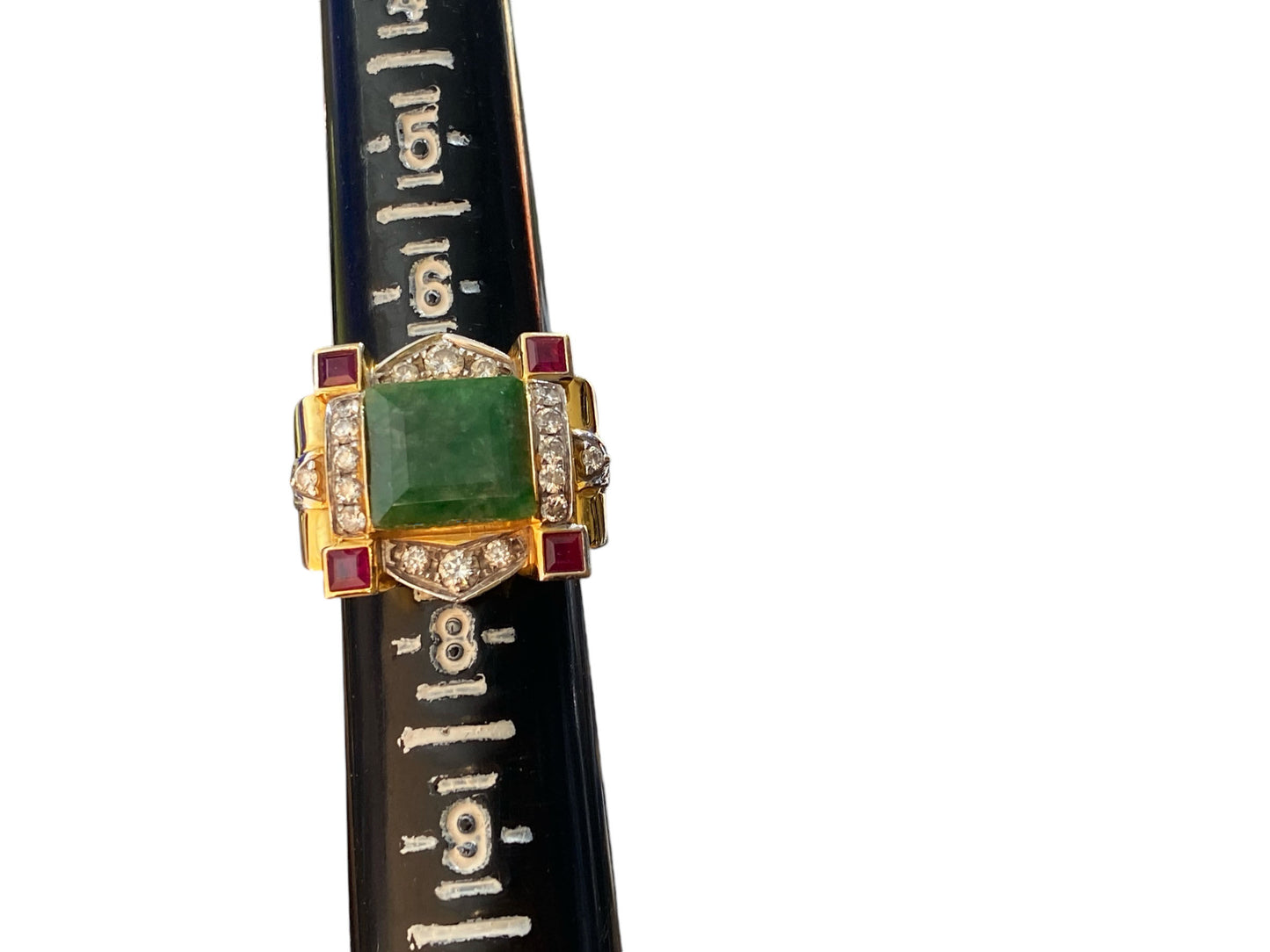 #6281 Art Deco 22K Gold ring w/jade /ruby/Diamond size 7