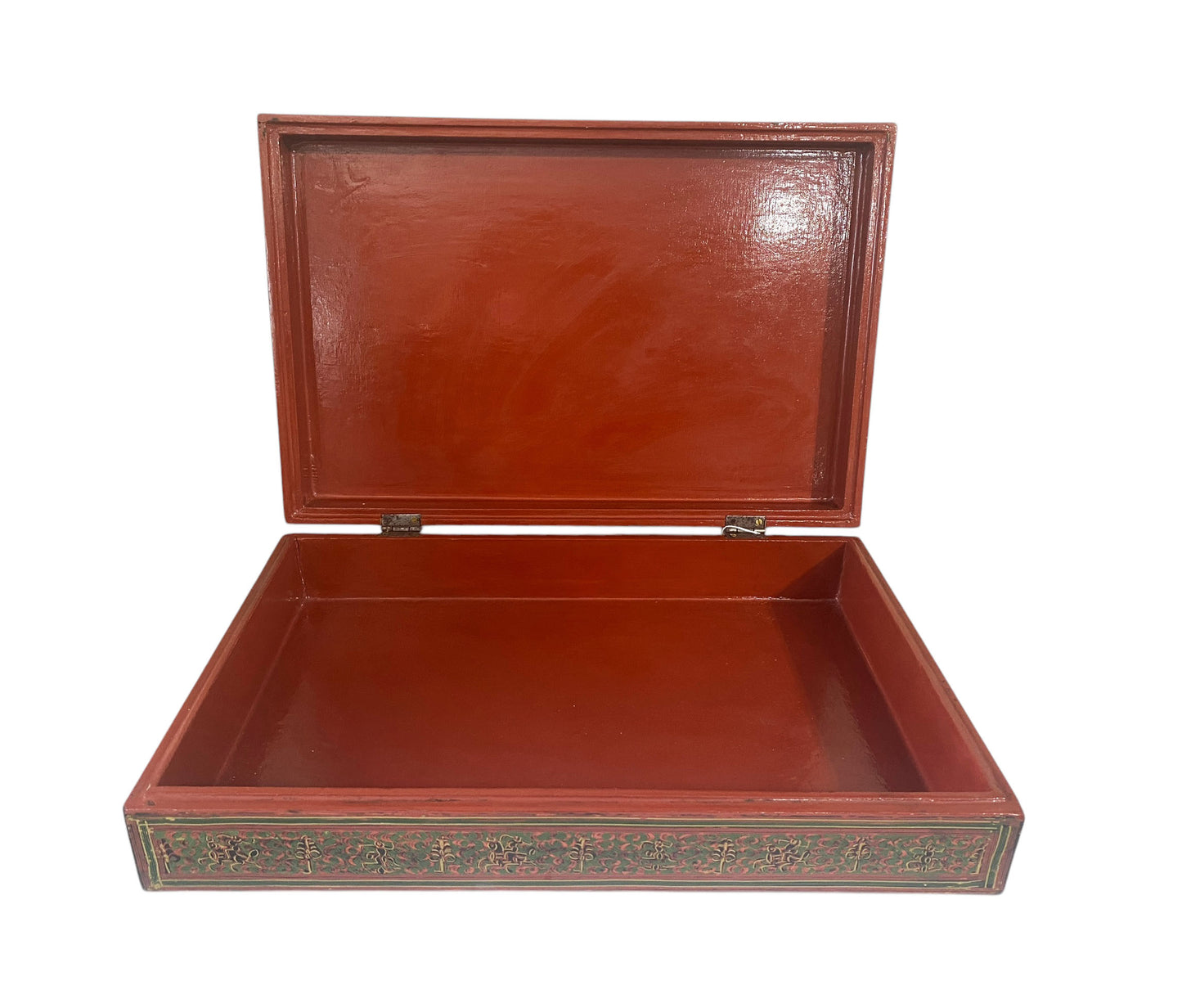 #6382 Vintage Large Burmese Asian Lacquer Wood Hand Painted Box 18' W