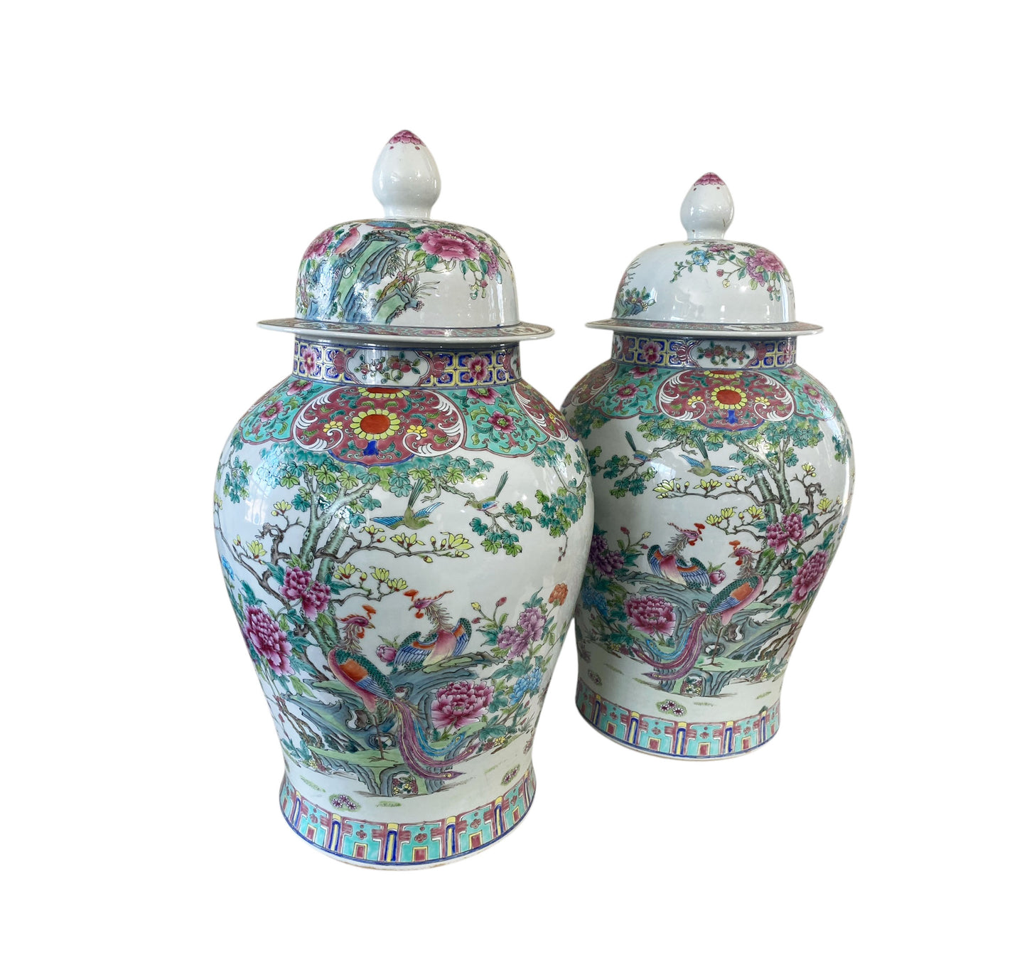 #5949 Vintage LG Chinoiserie Famille Rose Porcelain Ginger Jars 26" H Pair