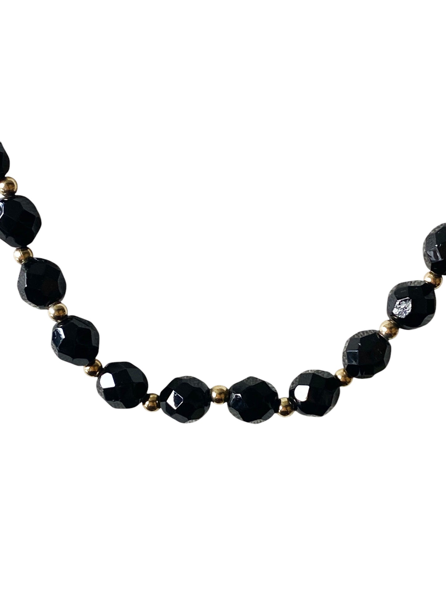 #6389 Vintage Bohemian Black Czech Faceted Crystal and Gold Beaded Necklace