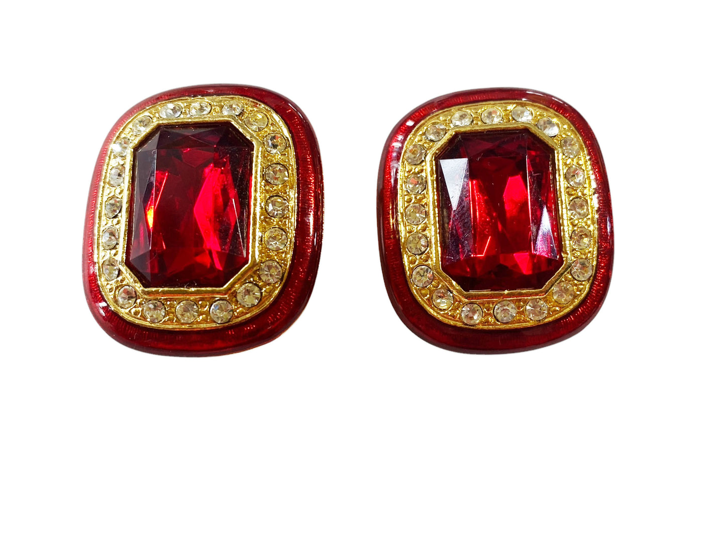 #6393 Vintage Red Enamel And Faux Ruby /Clear Rhinestone Clip on Earrings