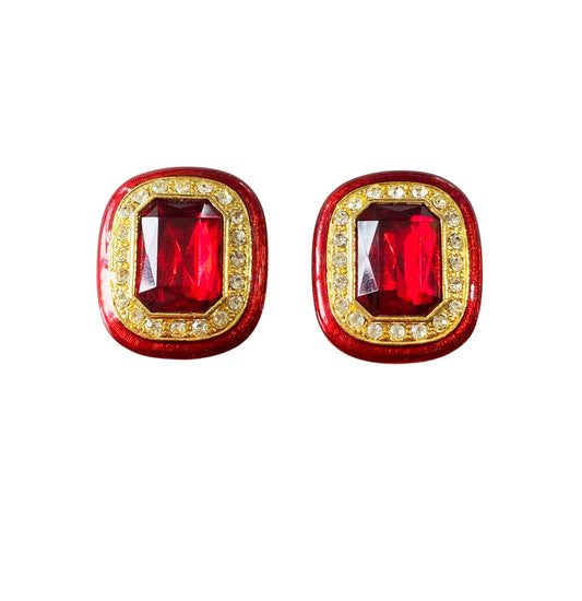 #6393 Vintage Red Enamel And Faux Ruby /Clear Rhinestone Clip on Earrings