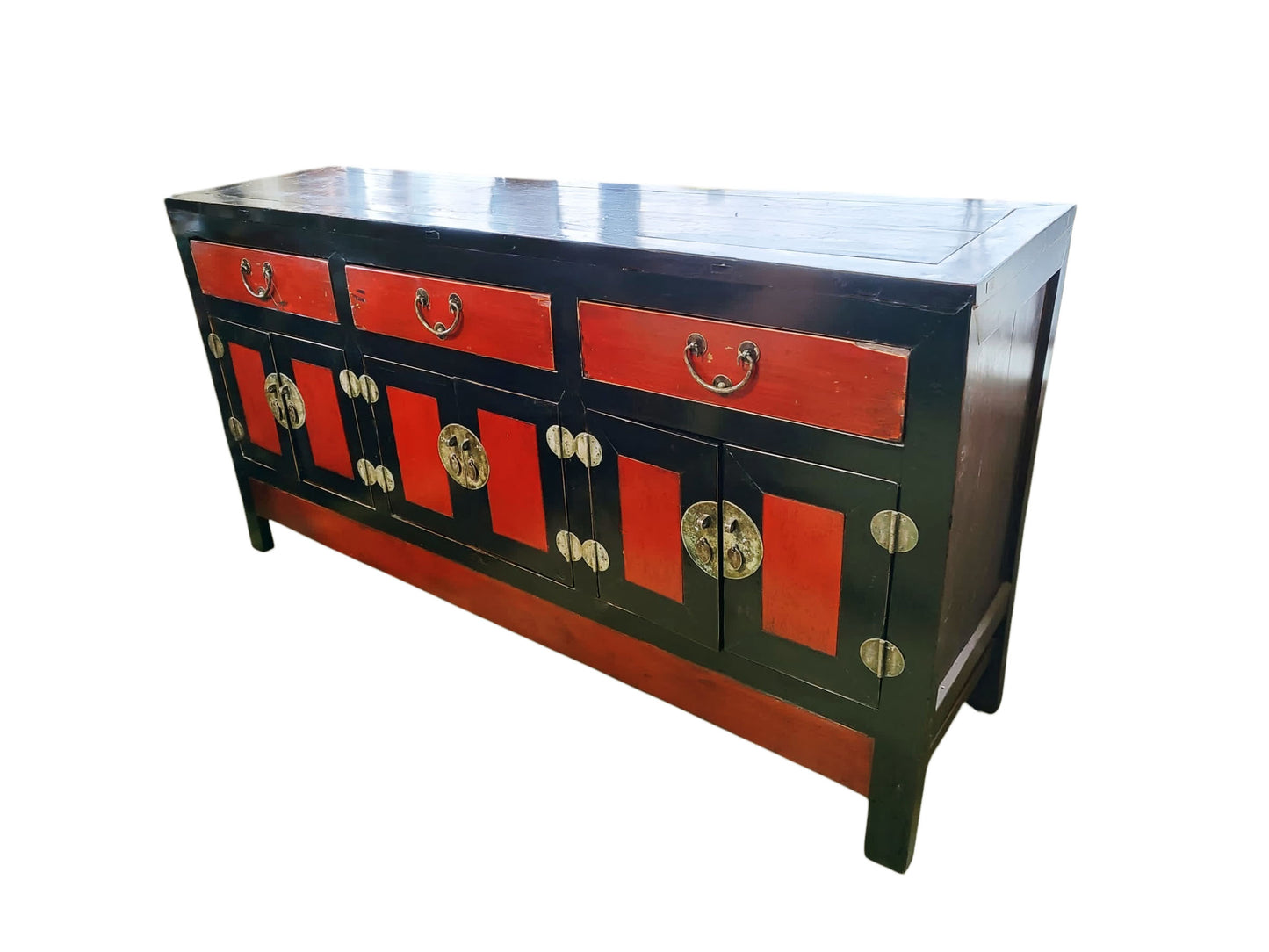 #6461 Vintage Mongolian Hand painted Elm Wood Cabinet W/ Six Doors