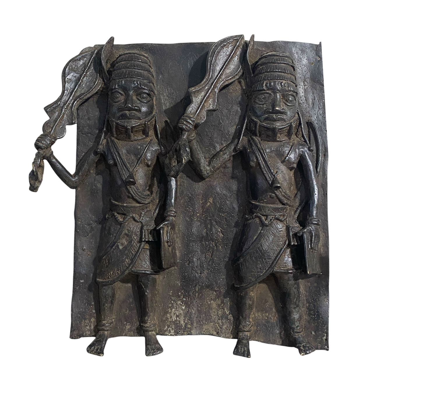 #3877 Vintage  Large African Benin Bronze Plaque W/ Warriors 18.25" H