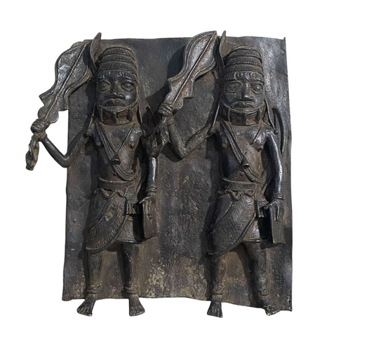 #3877 Vintage  Large African Benin Bronze Plaque W/ Warriors 18.25" H