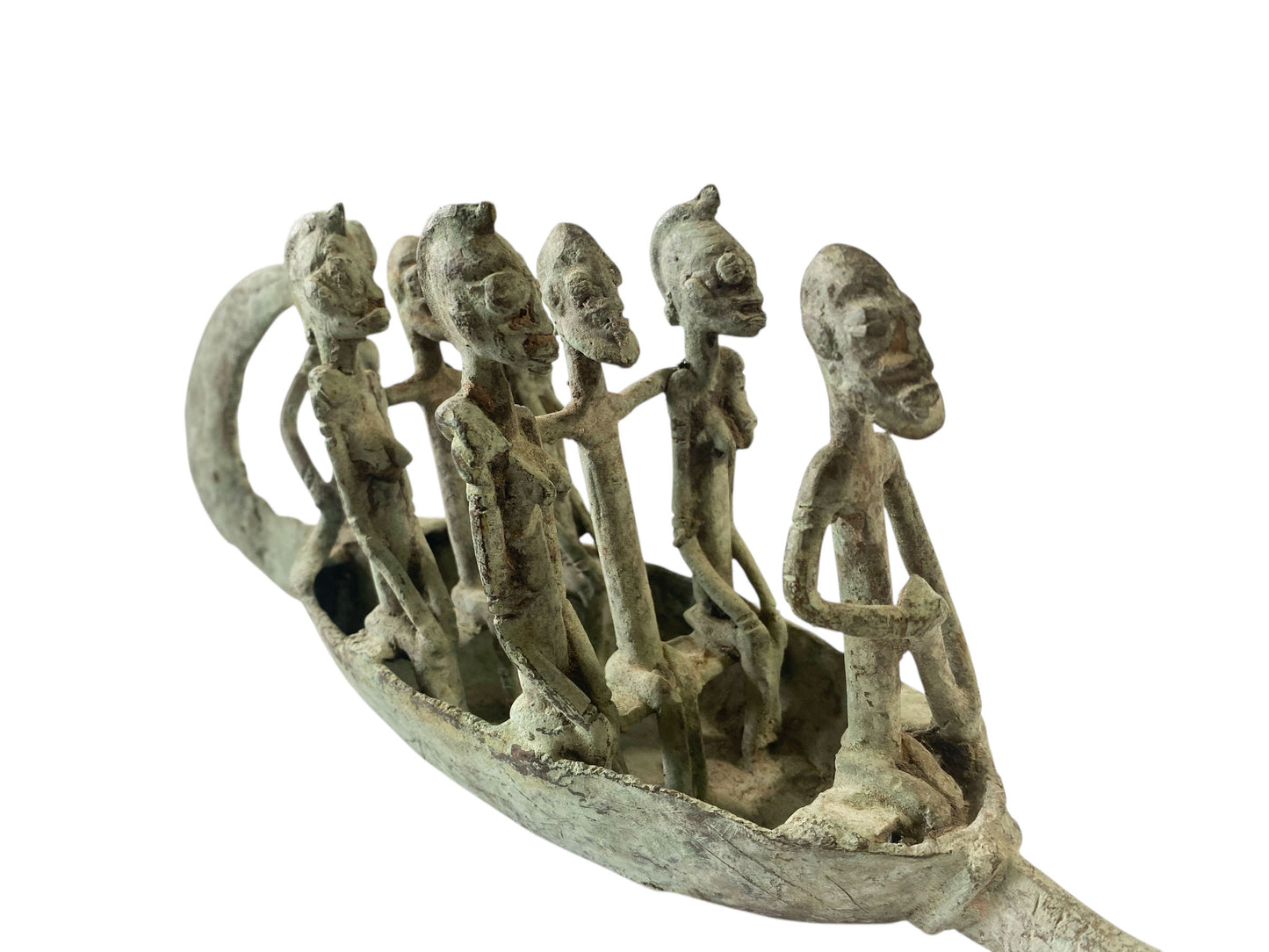 #7220 Large Dogon Bronze Pirogue Crocodile Boat W/ figures , Mali 16" W