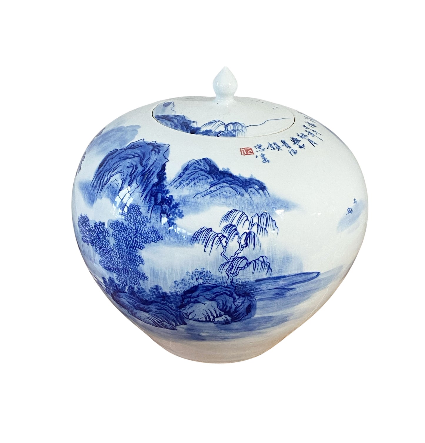 #6761 Vintage Chinoiserie B & W Porcelain Ginger Jar W/Scenery 12" H