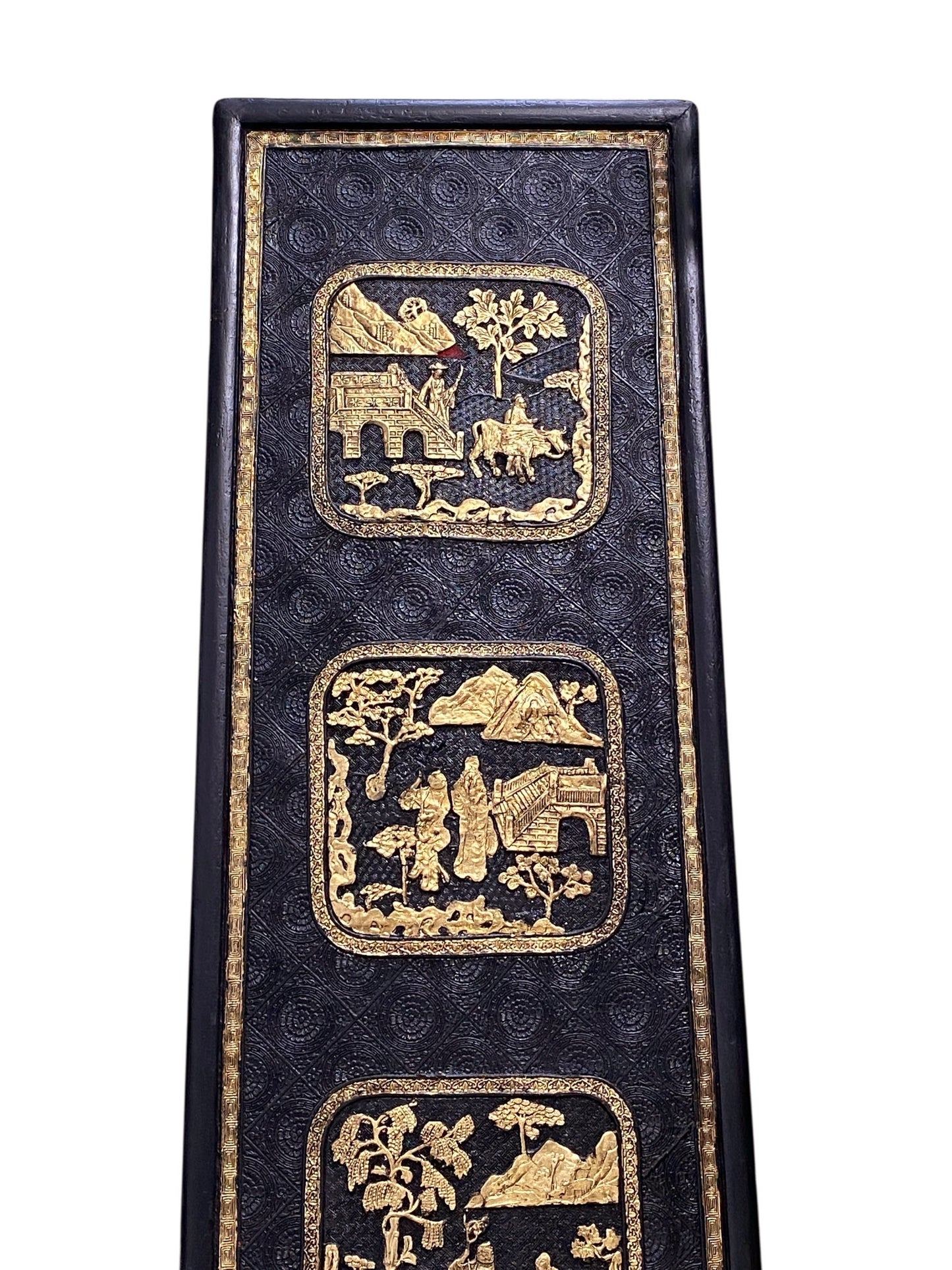#6854 Antique 19th century Black and Gold Cinnabar Wall Hanging Panel 60" H