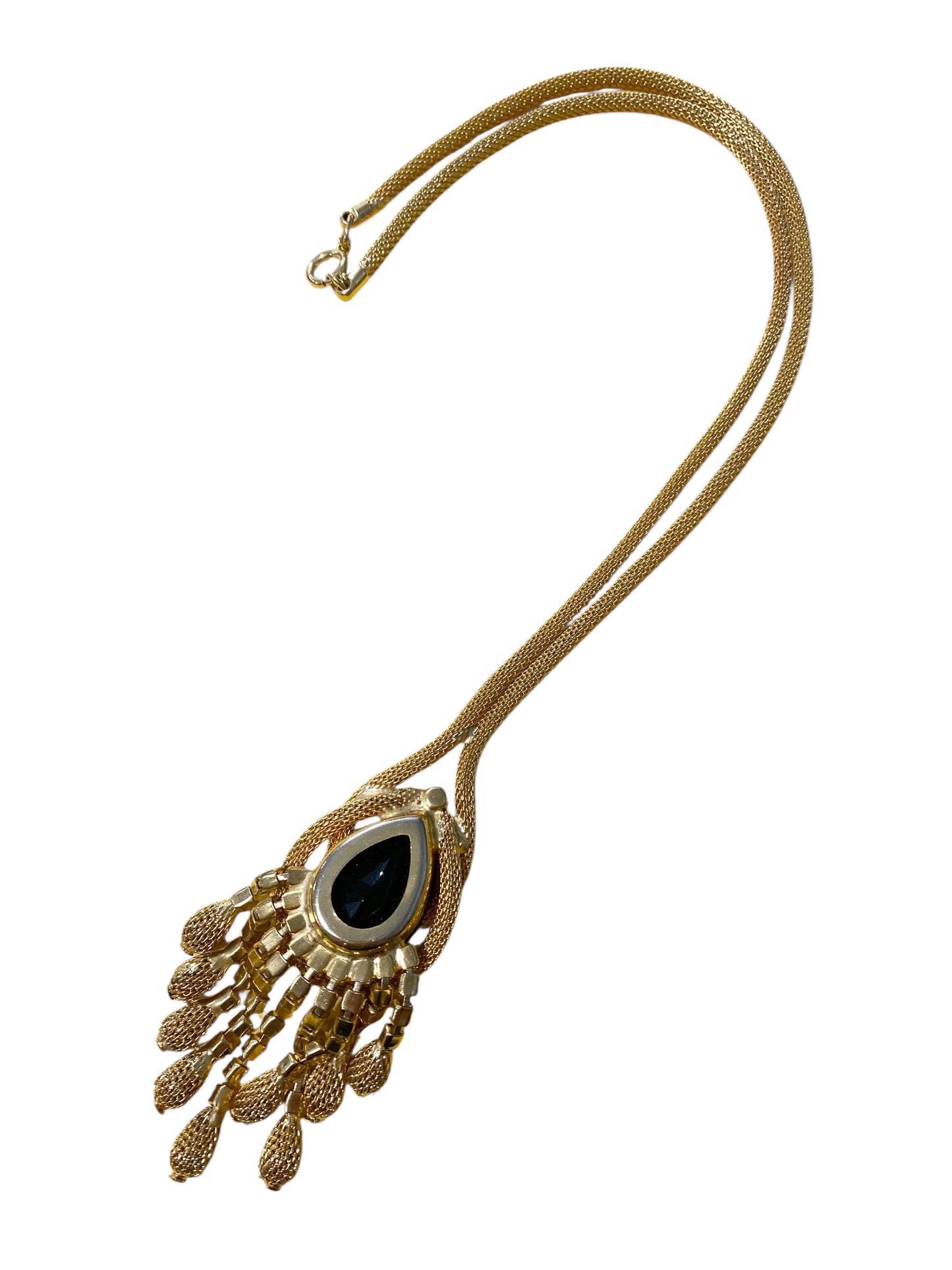 #14 Vintage Gold-tone Mesh Chain W/Black Faceted Pendant Stone Necklace
