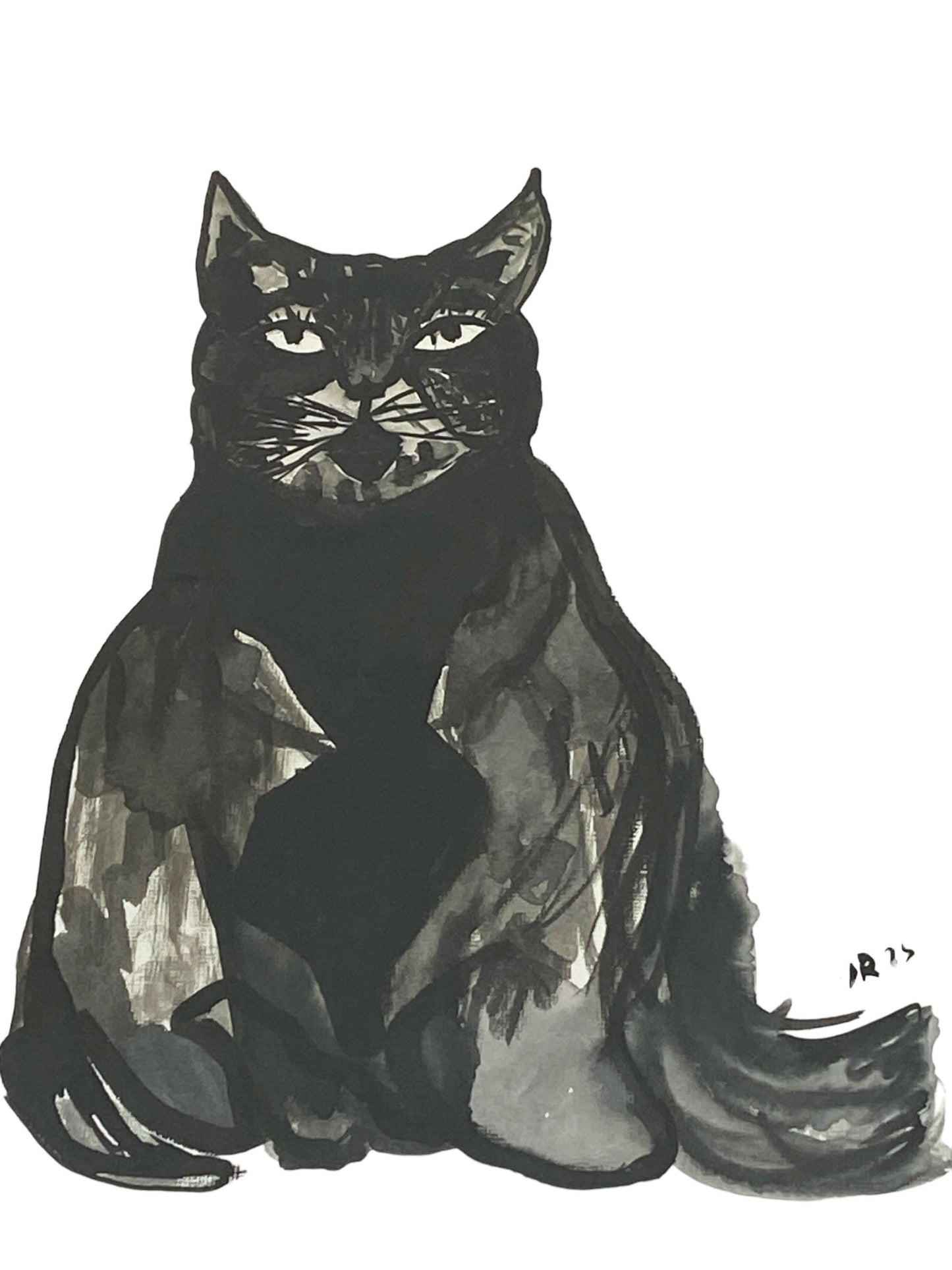 #7161. YJR Black Ink on Paper Painting Of A Cat "Minou", Framed 15" H