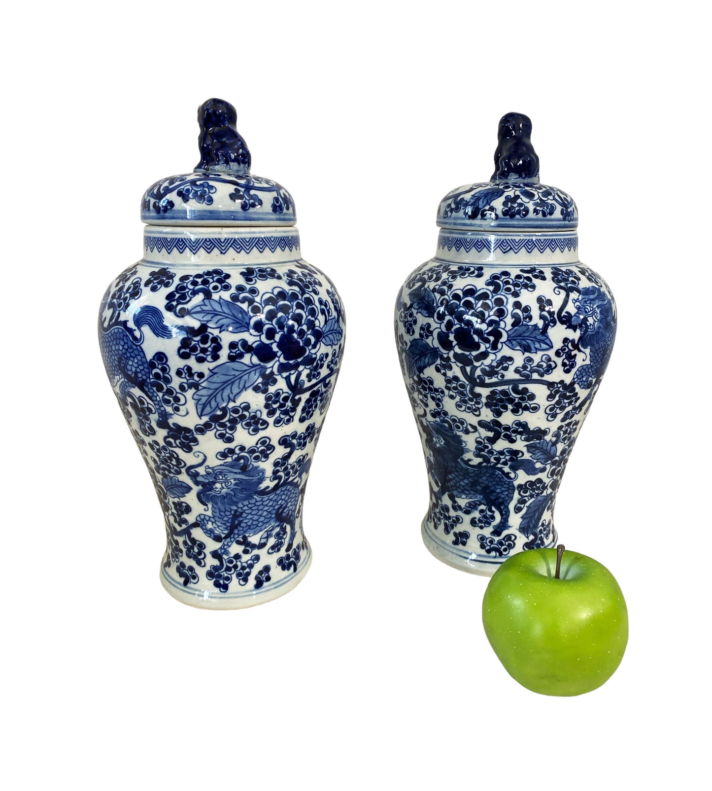 #7257 Chinoiserie Blue and White Porcelain Covered Jars w/ foo Dogs 12.5" H