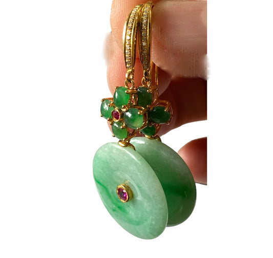 #386 Superb 18k Gold Jadeite Jade art Deco Earrings w/Rubi /Diamond