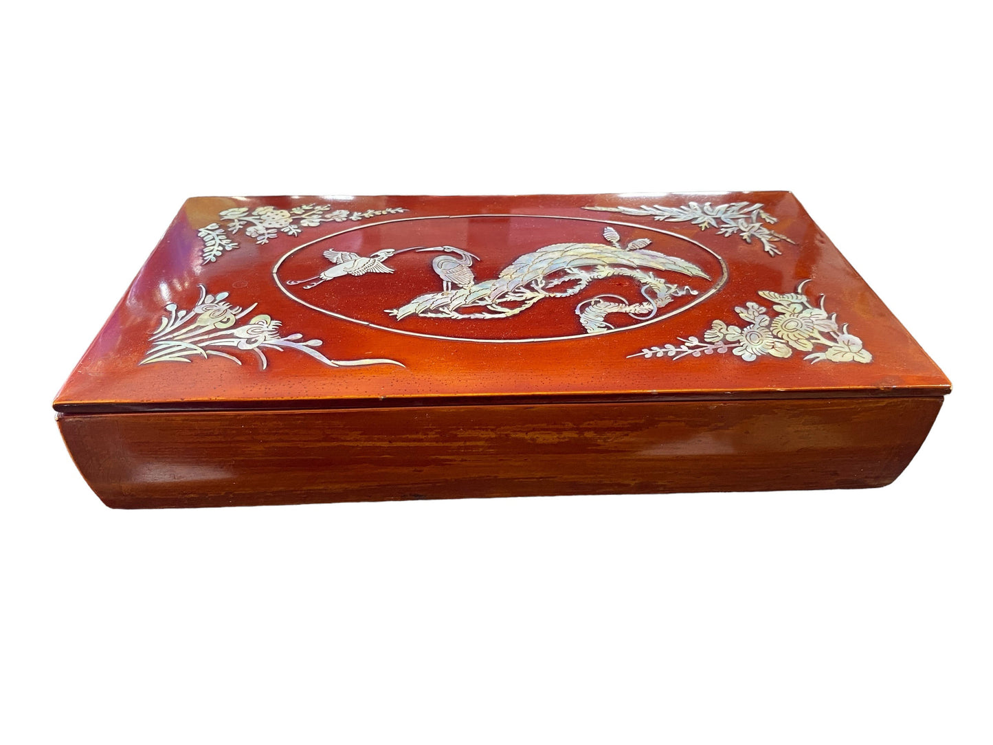 #6137 Vintage Korean Mother-Of-Pearl Inlaid Cigar Lacquer Box and ashtray