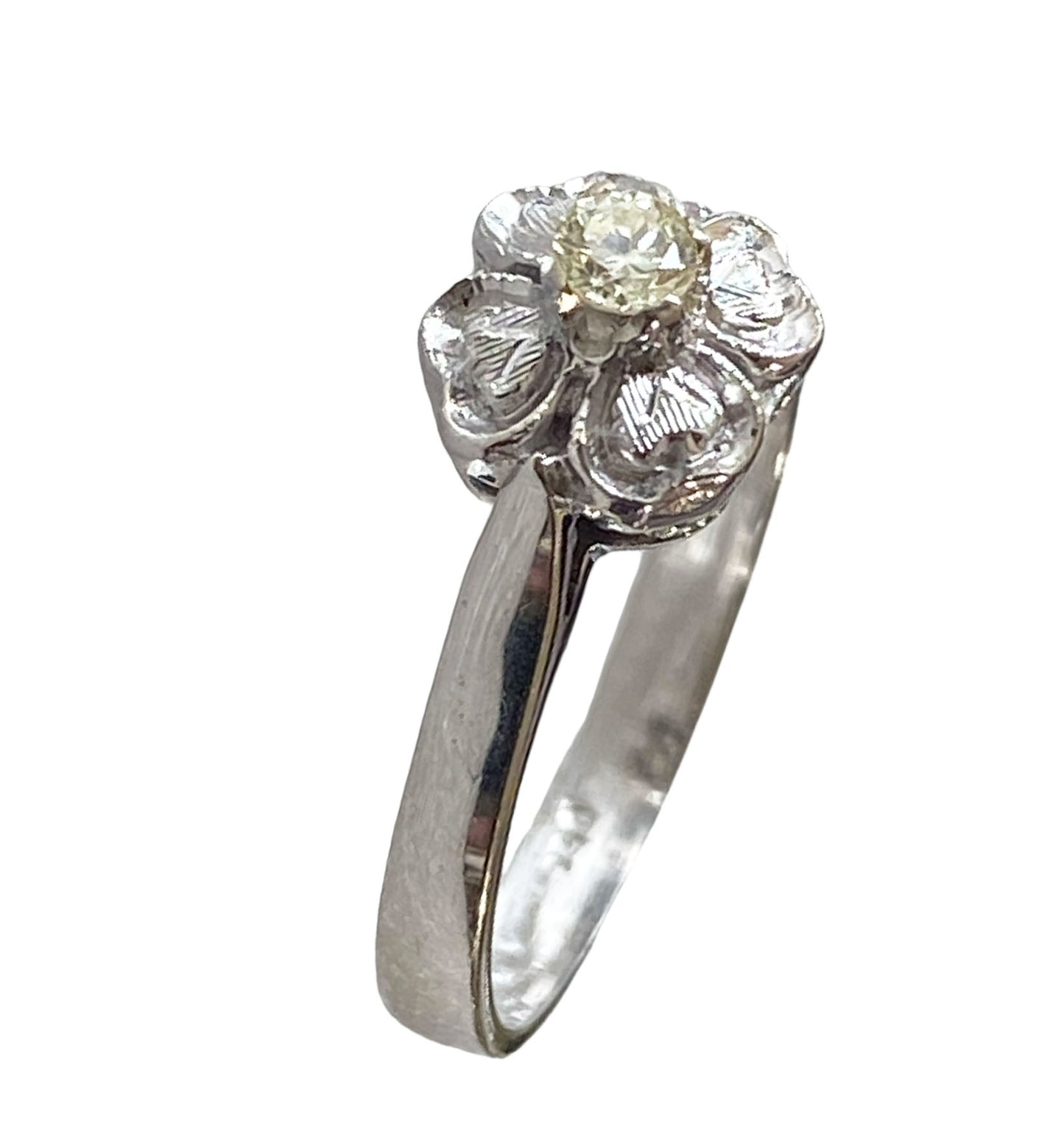 #7288 Vintage 18k White Gold Diamond Halo Clover  Engagement  Ring  Size 2