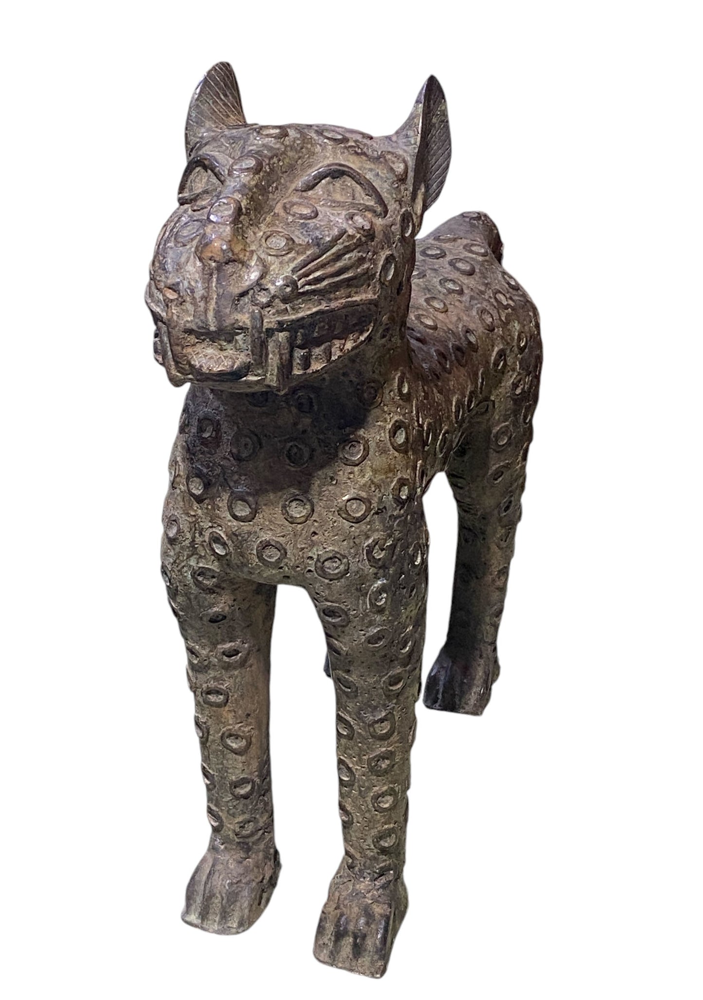 #6187 LG Benin Bronze Leopard 19" H by 23" D Nigeria