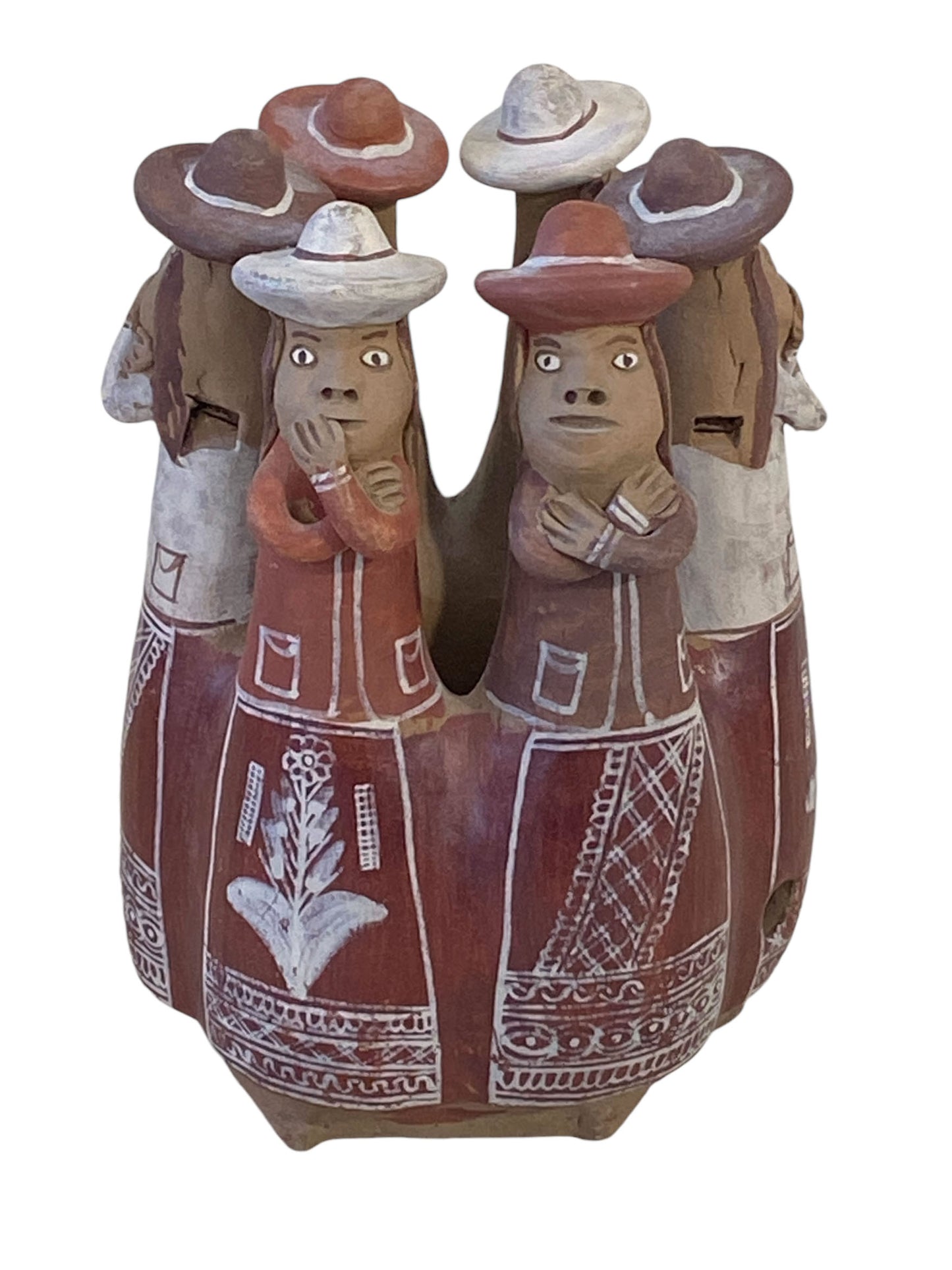 #6209 Peruvian Folk Art Circle of 6 Women Whistle Terra Cotta Pottery