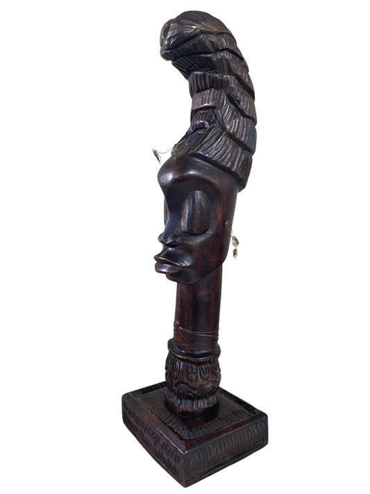 #6213 Vintage African Hand-carved  sculpture of a Women Head  19" H on stand