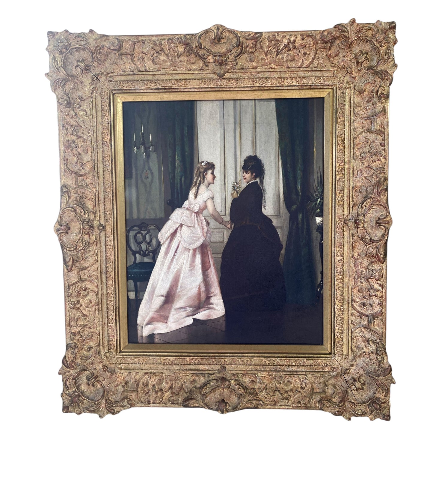 #6220 Antique French Oil on Canvas Painting Framed 21.5" H