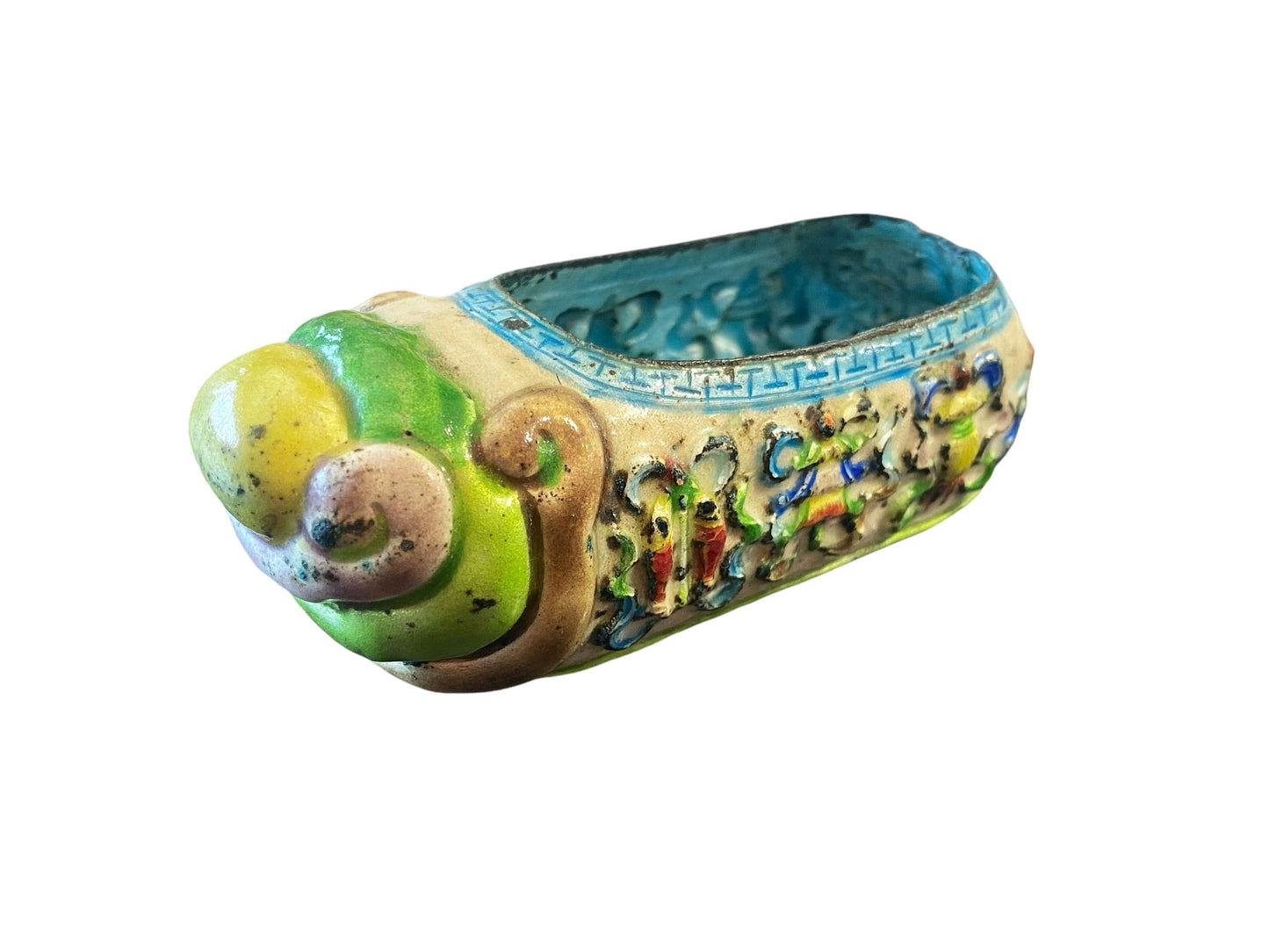 #6181 Antique Chinoiserie Colorful Enamels On Brass Mini Shoe 3.5" W