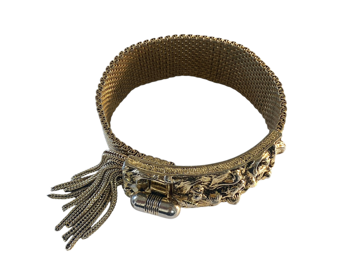 #6293 Vintage Goldstone Mesh Tassel Bracelet  8.25"