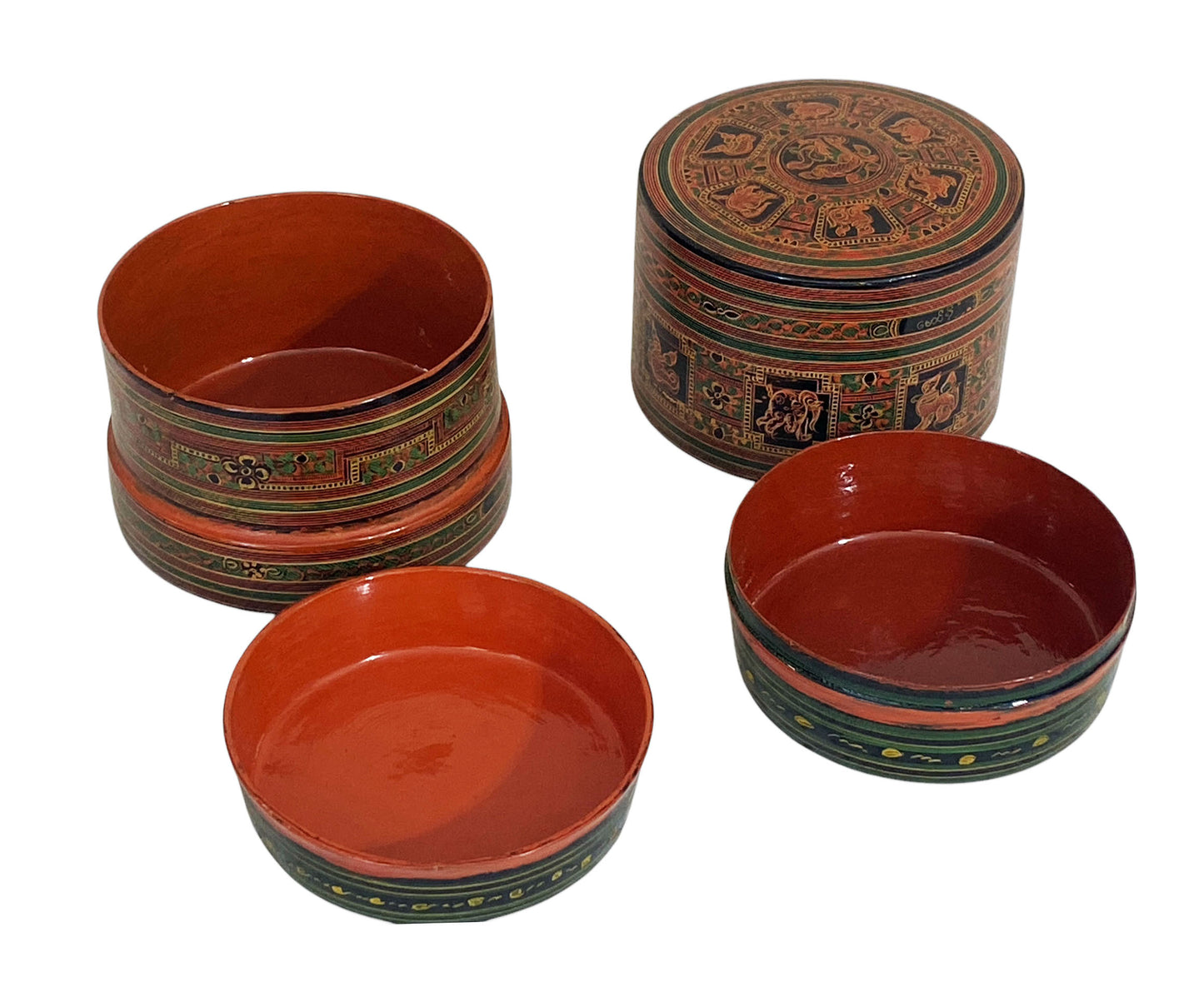 #6379 Vintage Burmese Asian Lacquer Wood Hand Painted Betel Box 5" H