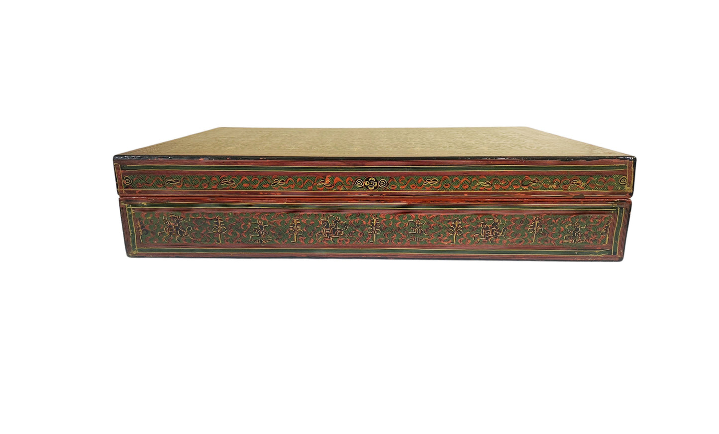 #6382 Vintage Large Burmese Asian Lacquer Wood Hand Painted Box 18' W
