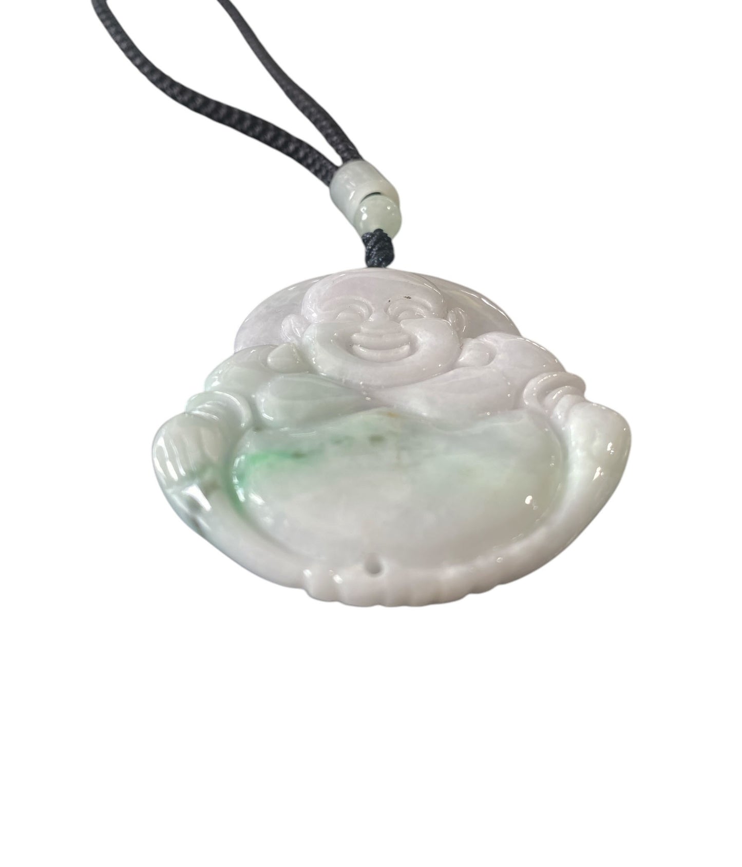 #6383 Vintage Jadeite Jade Carved Wealth Pendant w/ Happy Buddha