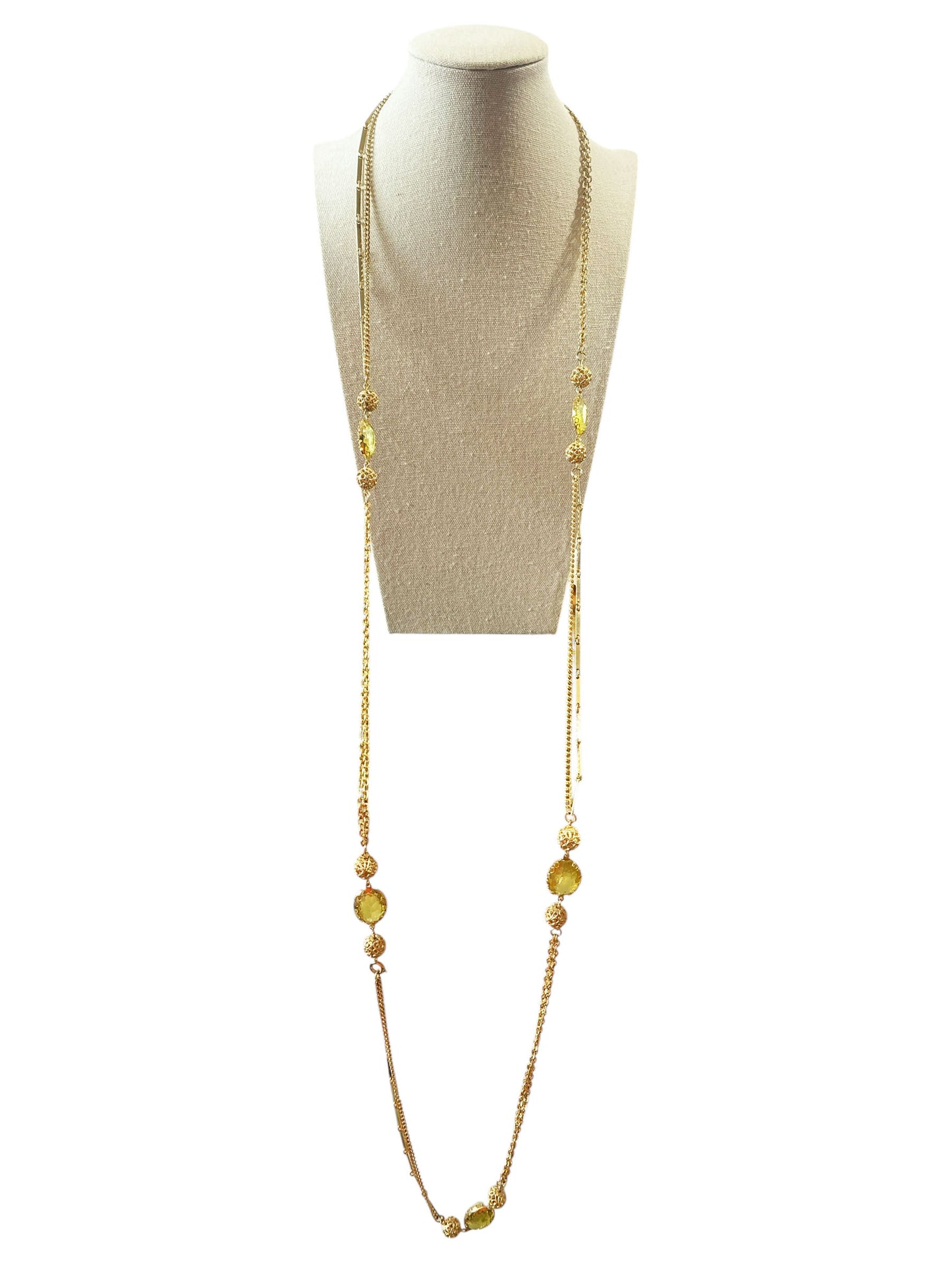 #6392 Vintage Gold tone and Greens Faux Citrine Long Necklace 26" H