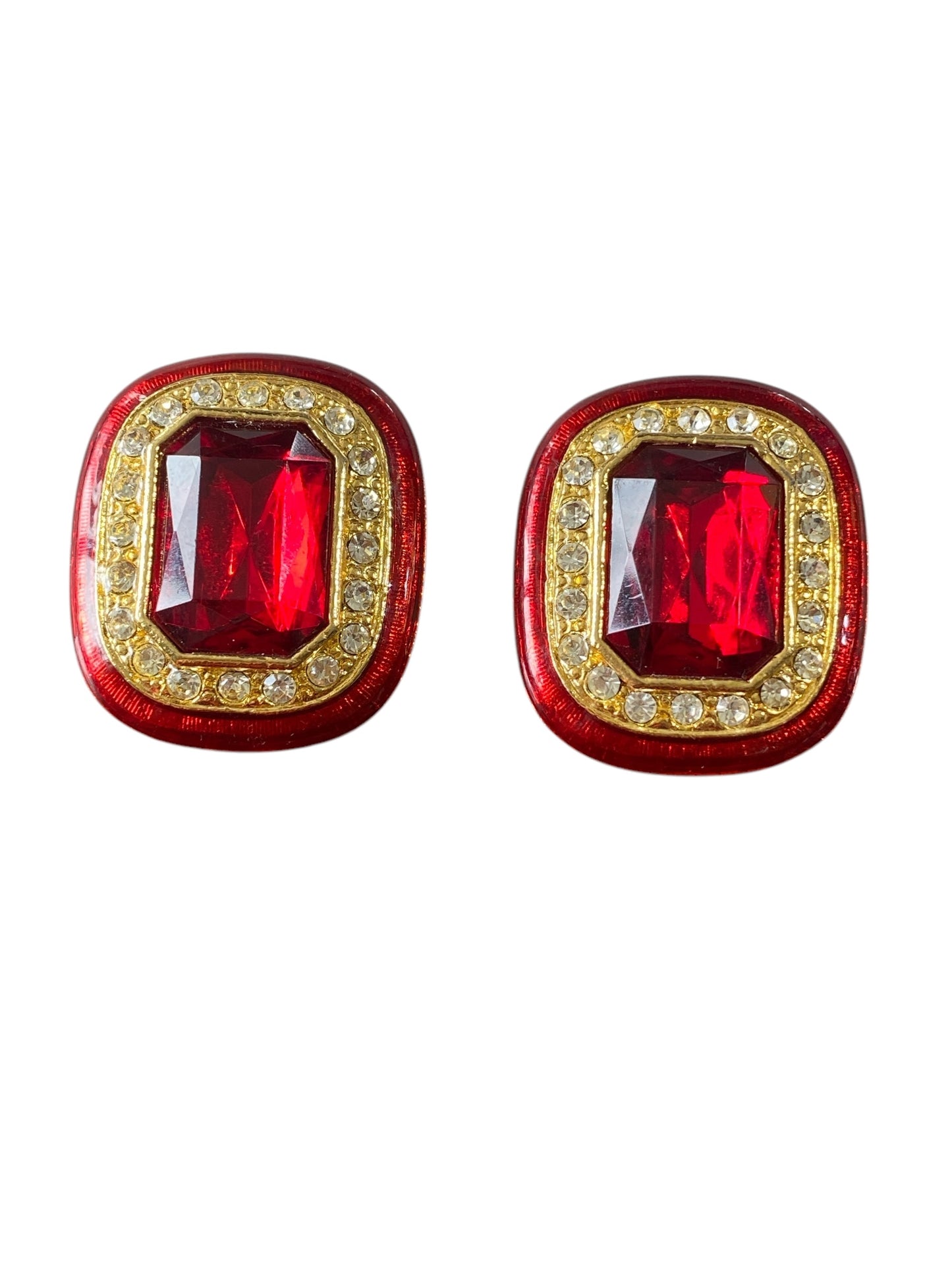 #6393 Vintage Red Enamel And Faux Ruby /Clear Rhinestone Clip on Earrings