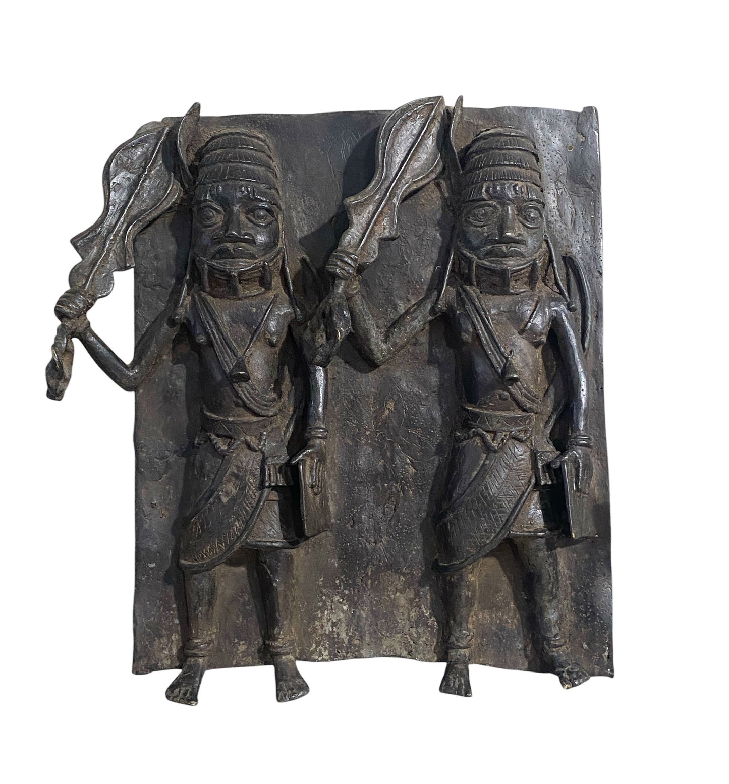 #3877 Vintage  Large African Benin Bronze Plaque W/ Warriors 18.25" H