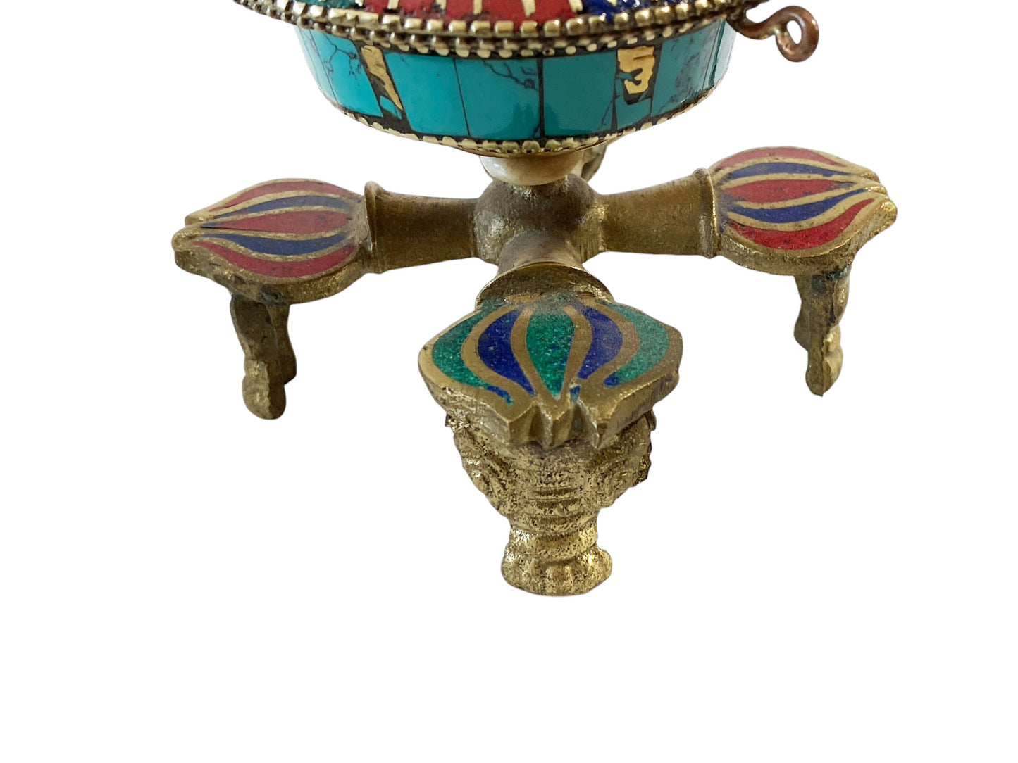 #1379 Nepalese Brass W/ Turquoise/Coral/Lapis Stones Table Top Prayer Wheel