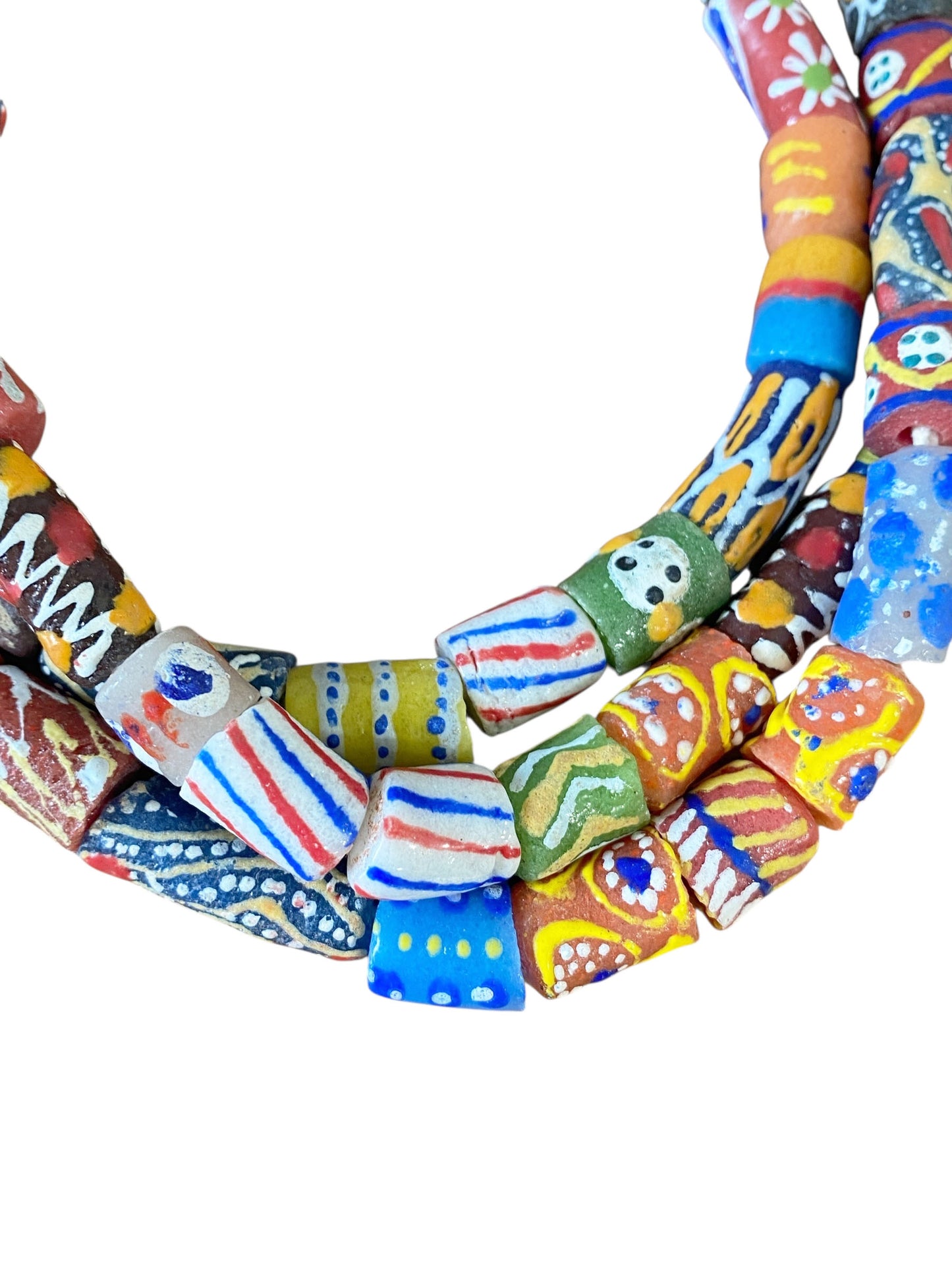 #6817 Set of 3 Vintage MilleFiori Ghana African Trade Bead Long Necklaces 15" H