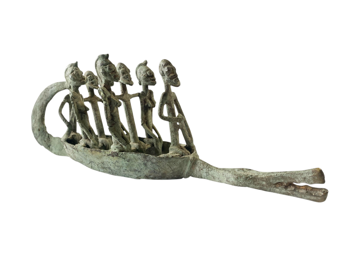 #7220 Large Dogon Bronze Pirogue Crocodile Boat W/ figures , Mali 16" W
