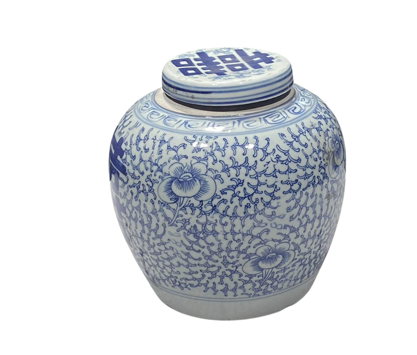 #253 Chinese Vintage Double Happiness Blue and White Porcelain Ginger Jar 9" H