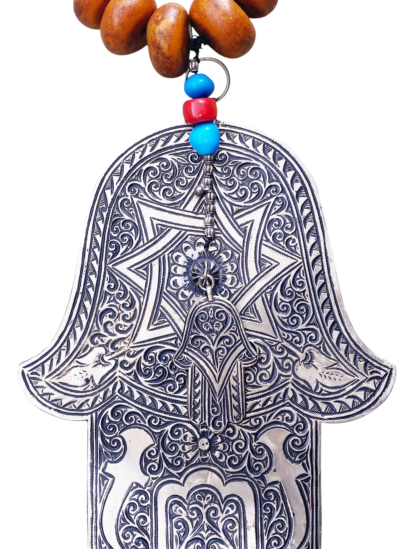 #4557 Vintage Amber necklace W / Moroccan Silver Hamsa / Hand Of Fatima 30.5" H