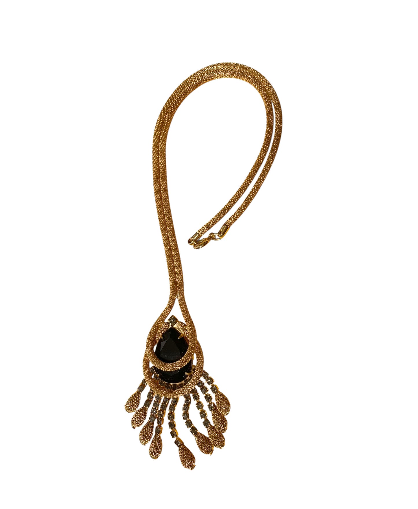 #14 Vintage Gold-tone Mesh Chain W/Black Faceted Pendant Stone Necklace