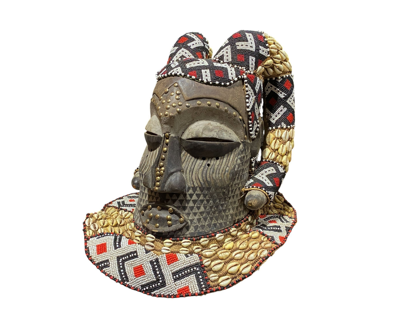 #681 Vintage Large African Tribal Kuba Royal Head Mask Congo 14" H
