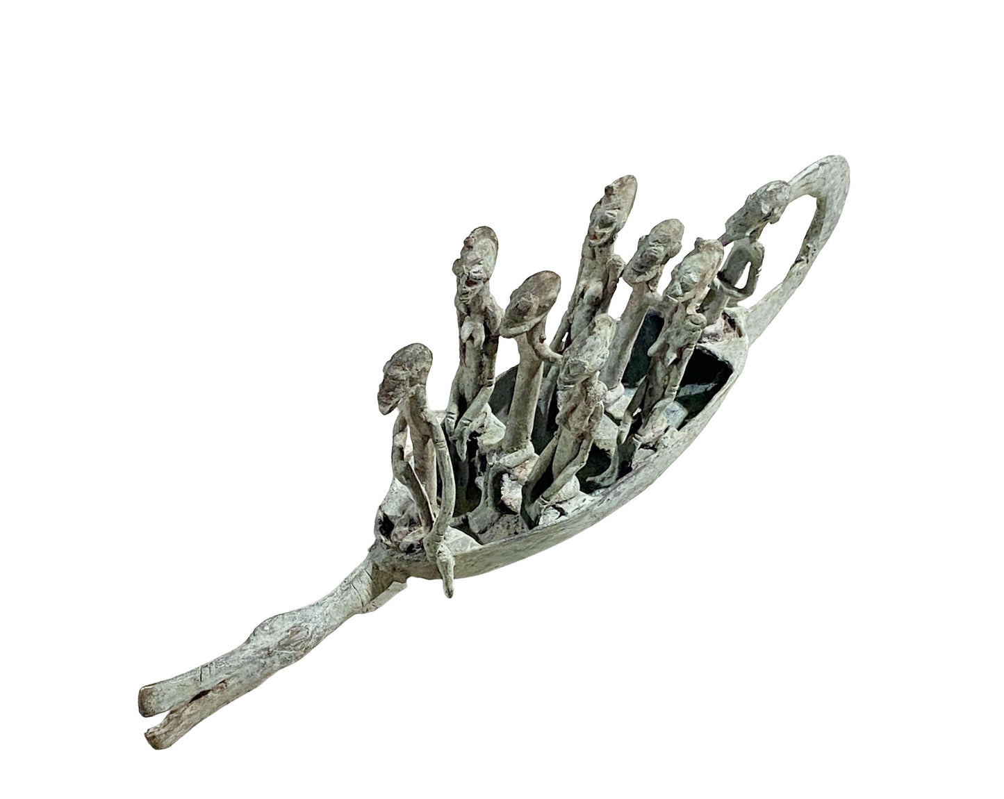 #7220 Large Dogon Bronze Pirogue Crocodile Boat W/ figures , Mali 16" W