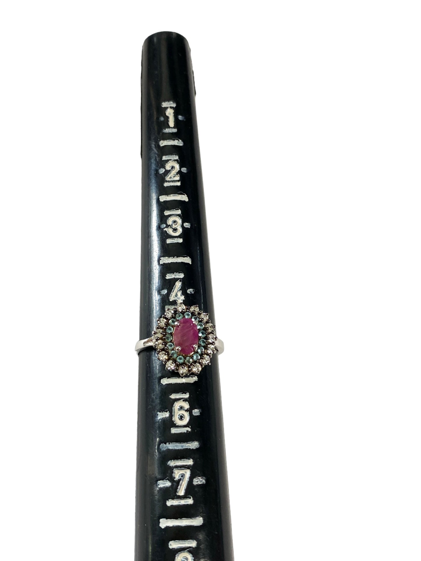 ##7253 Sterling Silver Ring With Rubi and Glass Aquamarine Diamond Stones Size 5