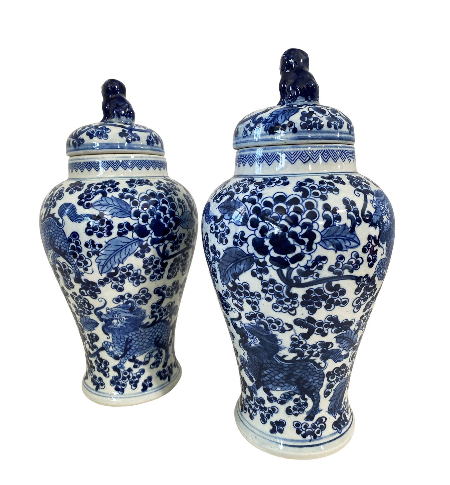 #7257 Chinoiserie Blue and White Porcelain Covered Jars w/ foo Dogs 12.5" H