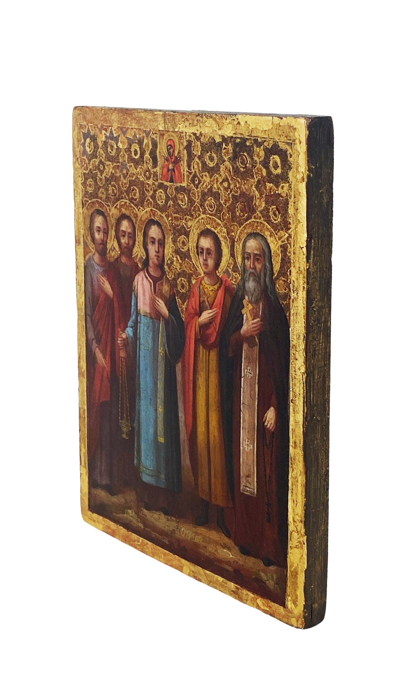#6131 Antique Russian Icon Of Five Saints and the mother of God 9" H
