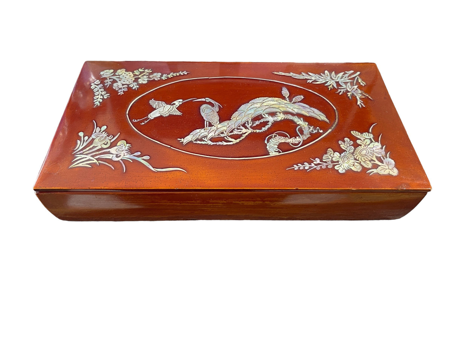 #6137 Vintage Korean Mother-Of-Pearl Inlaid Cigar Lacquer Box and ashtray